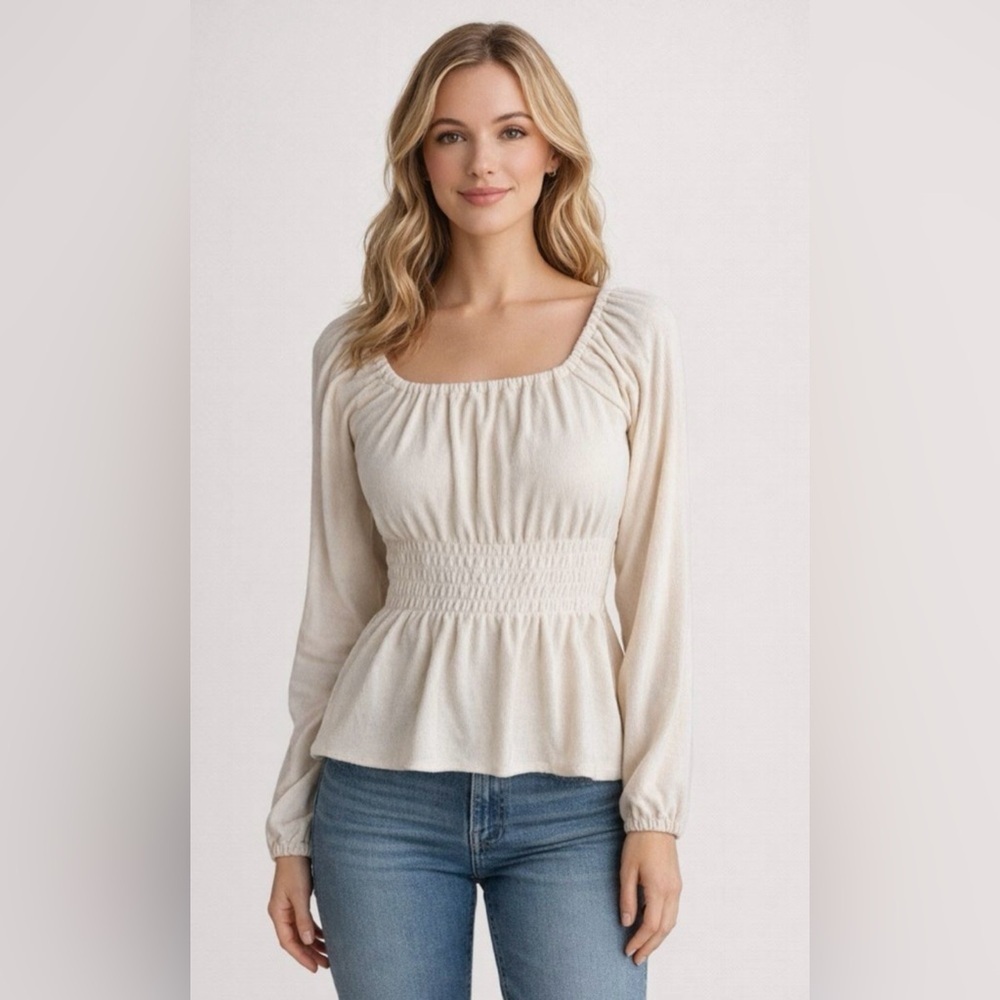 Madewell Top Crewneck Cream Smocked Waist Babydoll Blouse Long Sleeve Size S